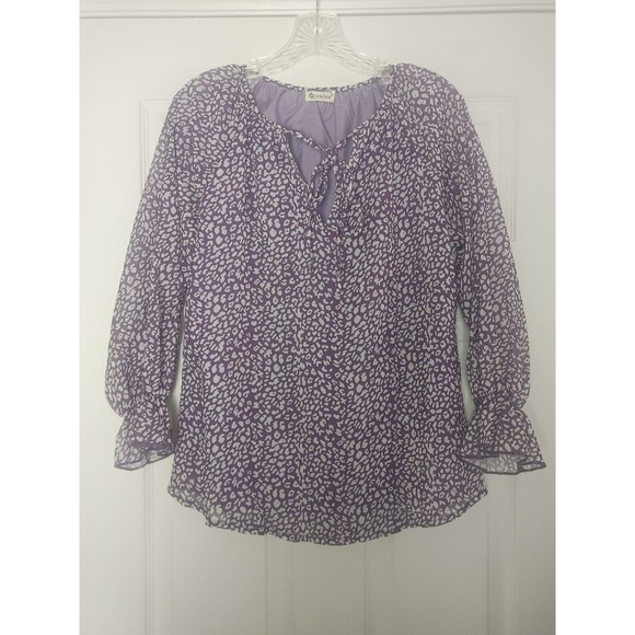 Ounaya Women's Long Sleeve Chiffon Blouse Size Small Purple and White Split Neck - Picture 1 of 6
